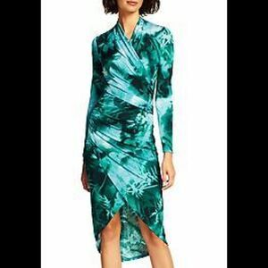 Adrianna Papell -1011 long sleeve faux wrap midi dress green leaf tropical Small